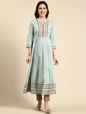 women's ankle length mandarin collar turquoise blue ethnic motifs anarkali kurta 1