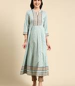 women's ankle length mandarin collar turquoise blue ethnic motifs anarkali kurta