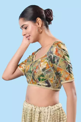 Padded Brocade V Neck Blouse