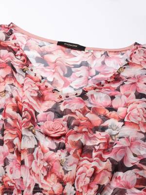 Showoff women's ankle length v-neck peach floral kaftan kurta 4