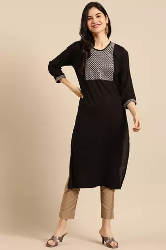 Showoff women's calf length round neck black solid straight kurta