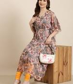 women's calf length v-neck grey floral kaftan kurta