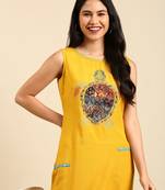 Showoff women's calf length round neck yellow solid straight kurta