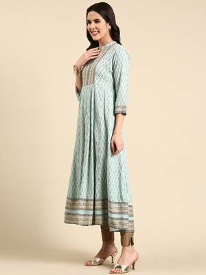 women's ankle length mandarin collar turquoise blue ethnic motifs anarkali kurta 5