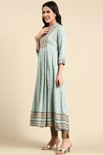 women's ankle length mandarin collar turquoise blue ethnic motifs anarkali kurta