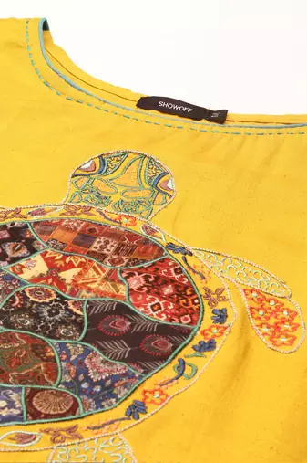 Showoff women's calf length round neck yellow solid straight kurta