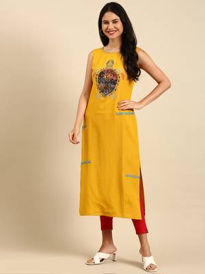 Showoff women's calf length round neck yellow solid straight kurta 3