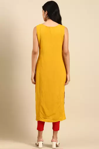 Showoff women's calf length round neck yellow solid straight kurta