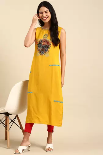 Showoff women's calf length round neck yellow solid straight kurta