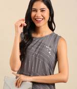 women's ankle length round neck grey striped a-line kurta