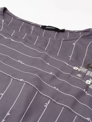 women's ankle length round neck grey striped a-line kurta 2
