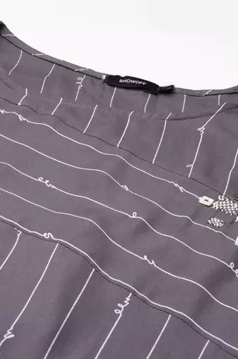 women's ankle length round neck grey striped a-line kurta