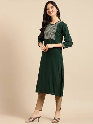 women's calf length round neck green solid straight kurta 3