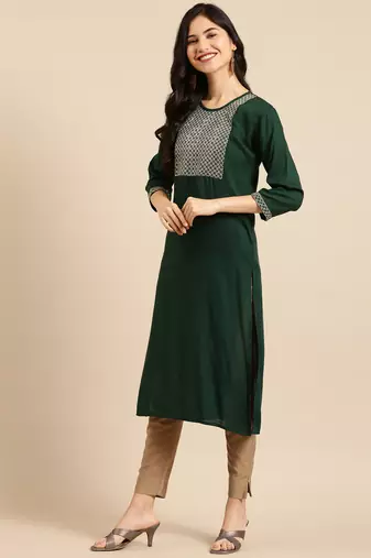 women's calf length round neck green solid straight kurta