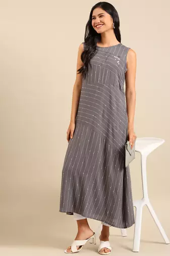 women's ankle length round neck grey striped a-line kurta