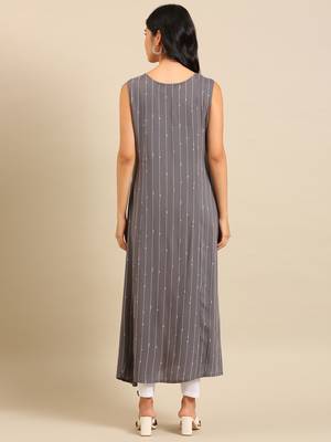 women's ankle length round neck grey striped a-line kurta 4