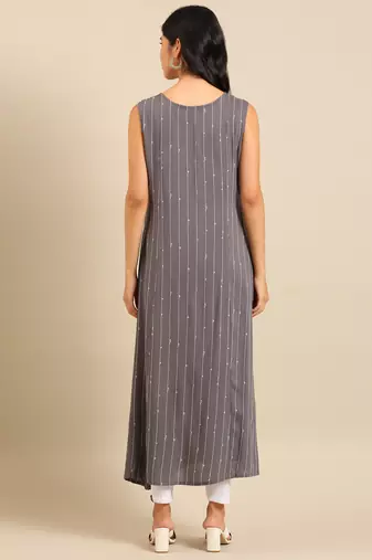 women's ankle length round neck grey striped a-line kurta