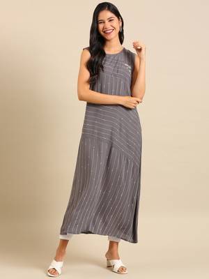 women's ankle length round neck grey striped a-line kurta 5