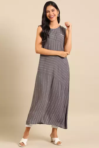 women's ankle length round neck grey striped a-line kurta