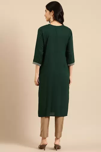 women's calf length round neck green solid straight kurta