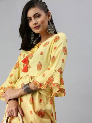 women's above knee tie-up neck yellow checked a-line kurta 1