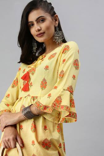 women's above knee tie-up neck yellow checked a-line kurta