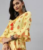 women's above knee tie-up neck yellow checked a-line kurta