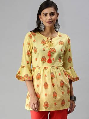 women's above knee tie-up neck yellow checked a-line kurta 2