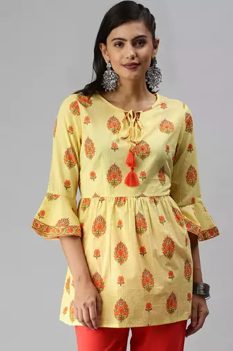 women's above knee tie-up neck yellow checked a-line kurta