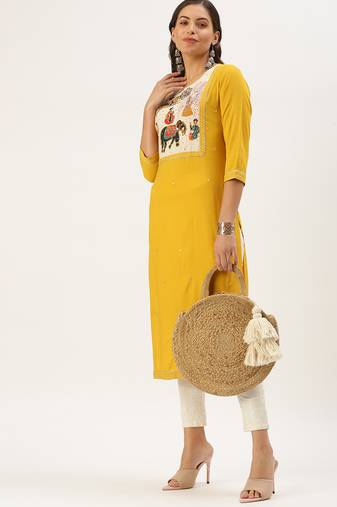 Showoff women's calf length round neck yellow embellished straight kurta