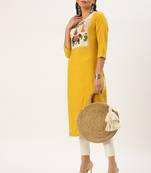 Showoff women's calf length round neck yellow embellished straight kurta