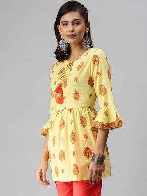 women's above knee tie-up neck yellow checked a-line kurta 3