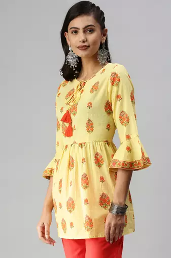 women's above knee tie-up neck yellow checked a-line kurta
