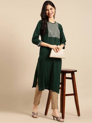 women's calf length round neck green solid straight kurta 5