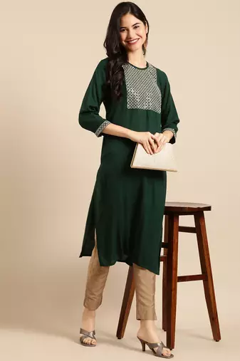 women's calf length round neck green solid straight kurta