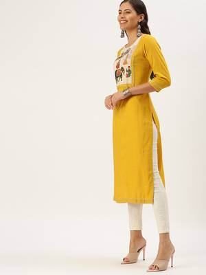 Showoff women's calf length round neck yellow embellished straight kurta 2