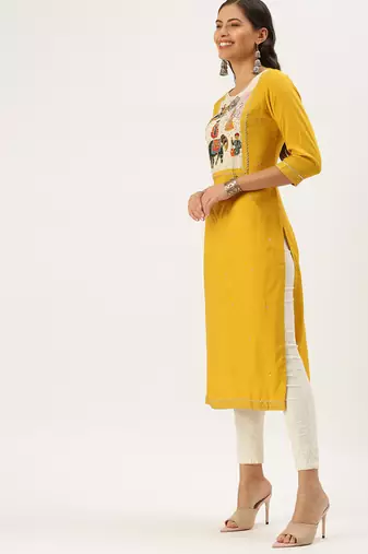 Showoff women's calf length round neck yellow embellished straight kurta