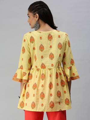 women's above knee tie-up neck yellow checked a-line kurta 4