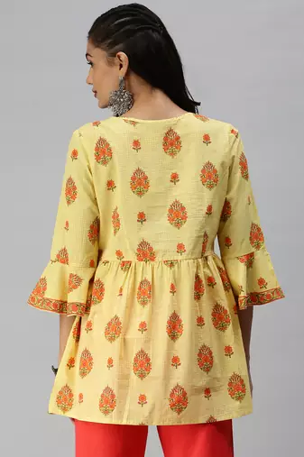 women's above knee tie-up neck yellow checked a-line kurta
