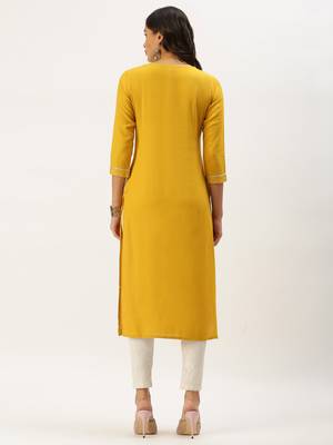 Showoff women's calf length round neck yellow embellished straight kurta 3