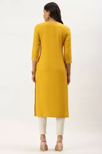 Showoff women's calf length round neck yellow embellished straight kurta