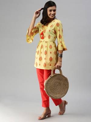 women's above knee tie-up neck yellow checked a-line kurta 5