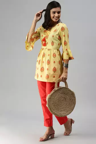women's above knee tie-up neck yellow checked a-line kurta