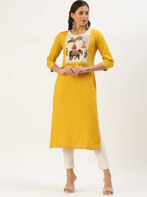 Showoff women's calf length round neck yellow embellished straight kurta 4