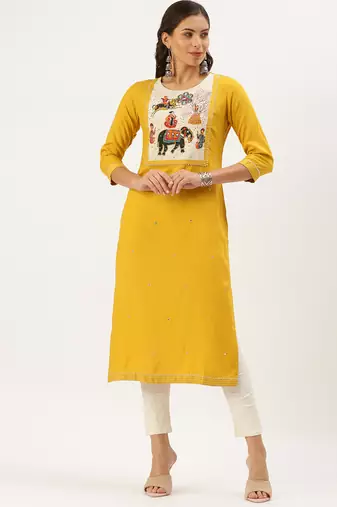Showoff women's calf length round neck yellow embellished straight kurta