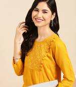 women's calf length round neck mustard solid straight kurta