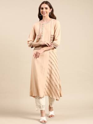 women's calf length round neck beige ethnic motifs a-line kurta 1