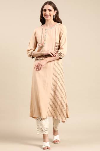women's calf length round neck beige ethnic motifs a-line kurta