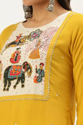 Showoff women's calf length round neck yellow embellished straight kurta