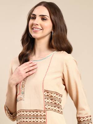 women's calf length round neck beige ethnic motifs a-line kurta 2